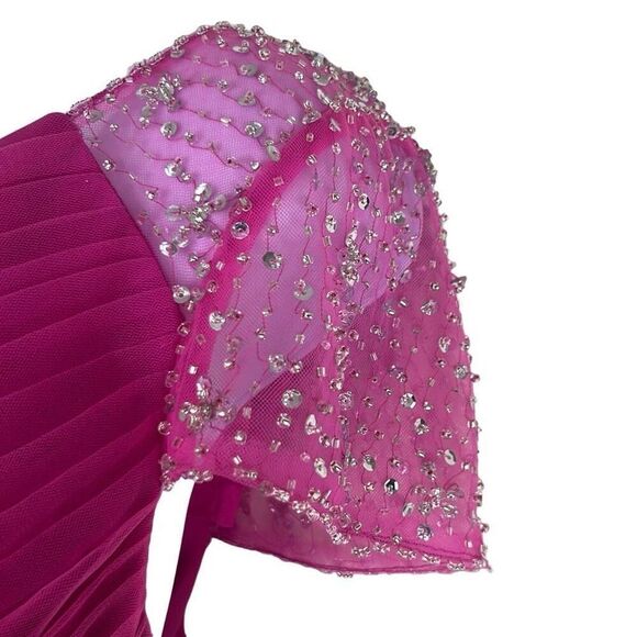 JJs House Hot Pink Formal Ballgown Dress Hi Low Beaded Cap Sleeves Barbie Prom - Picture 5 of 14